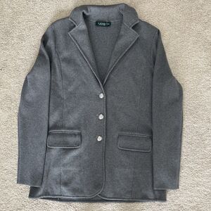 Lauren Ralph Sweater Blazer Womens Large Gray Knit Combed Cotton Crest Button
